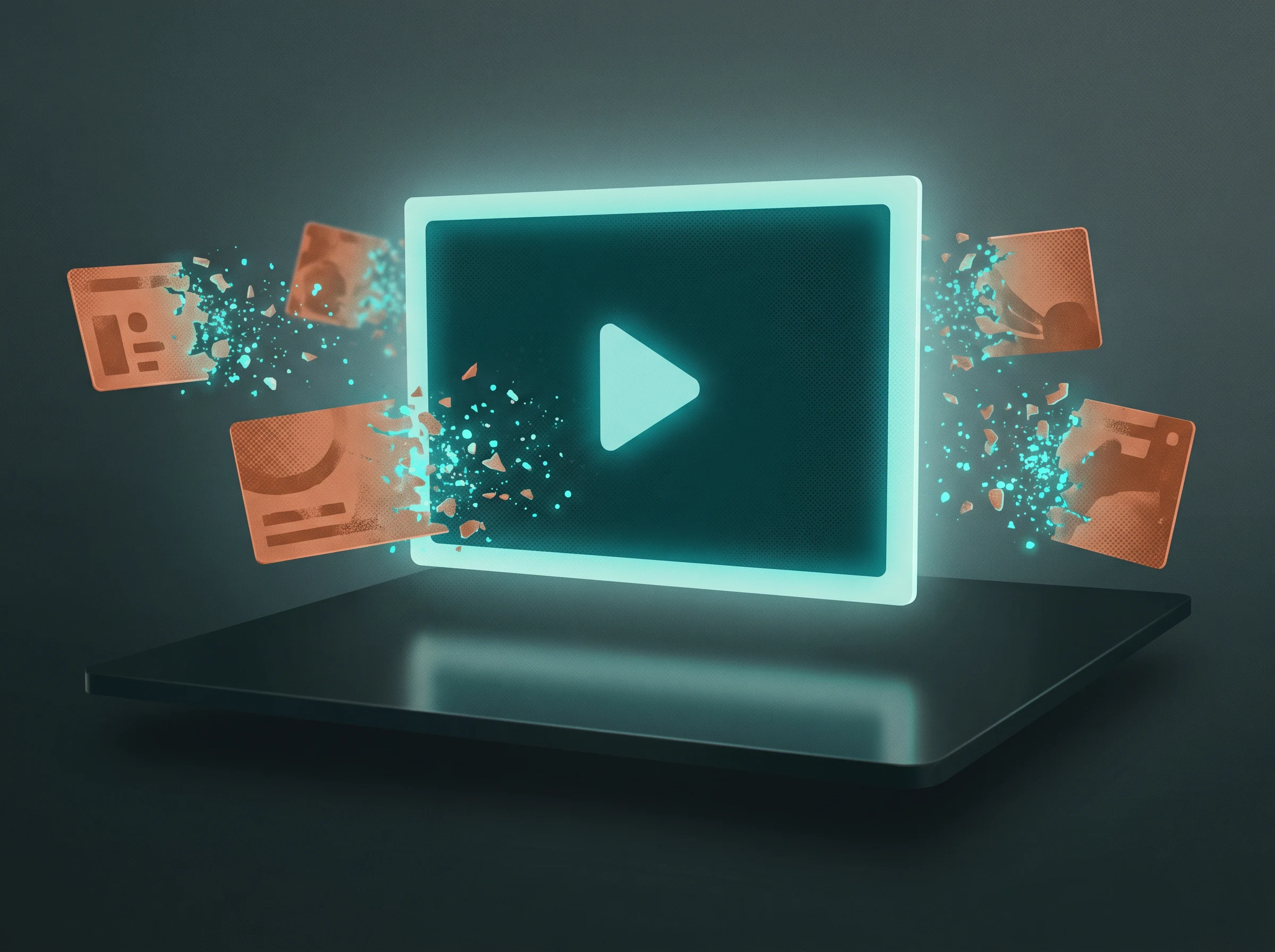 Abstract video screen with advertising cards dissolving before they reach it
